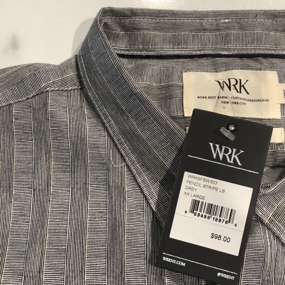 New With Tags WRK “The Reworked” Pencil Stripe Long Sleeve Button Down Shirt Sz.